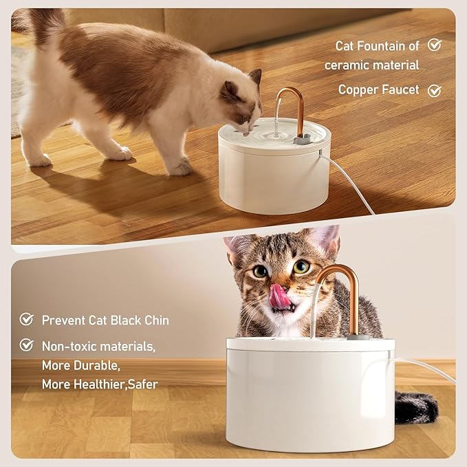 DOOOB Ceramic Cat Water Fountain, 2.1L/71oz Ceramic Cat Fountain, Automatic Ceramic Water Fountain for Cats, Pet Water Fountain with Ultra-Quiet Pump and 3 Filters &amp; 3 Sponges (White)