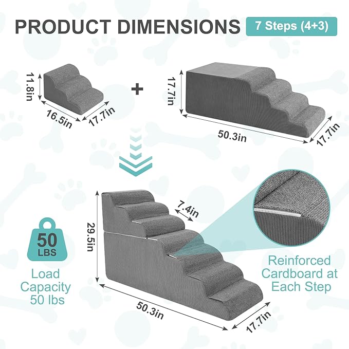 5-Step Dog Stairs for High Bed - 21.3" Adjustable Dog Ramps for Couch, Non-Slip Sturdy Pet Steps for Small Dogs, Washable Cover, Removable Modular Design, Dual 11” &amp; 12.83” Steps for Custom Height