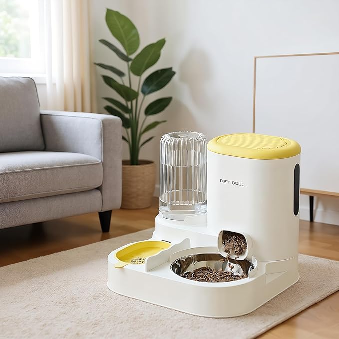 Automatic Cat Feeder &amp; Water Dispenser - Dual Container for Dry/Wet Food, Two-in-One Upgraded Gravity Feeder and Water Dispenser Combo Set for Cats and Dogs.(Yellow)