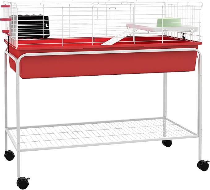 PawHut Two-Story Small Animal Cage Removable from Stand, Guinea Pig Cage with Shelf &amp; Wheels, Pet Habitat for Hedgehog, Chinchilla, Ferret, 39" x 20.5" x 36.5", Red