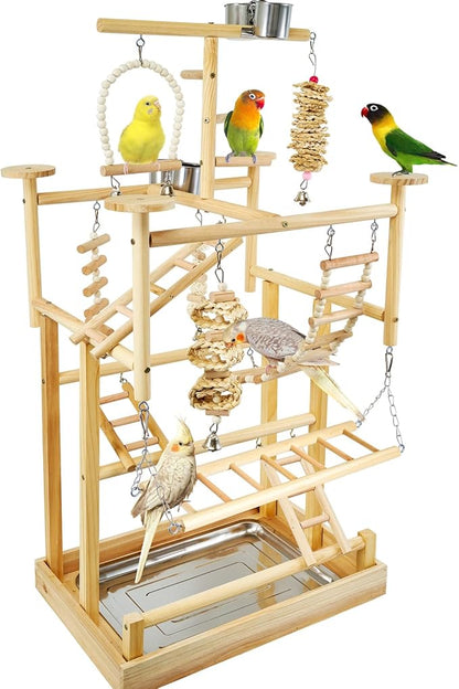 Bird Playground - Natural Wood Parrot Playstand with Perches, Bird Play Gym &amp; Accessories, Removable Tray &amp; 4 Stainless Steel Cups