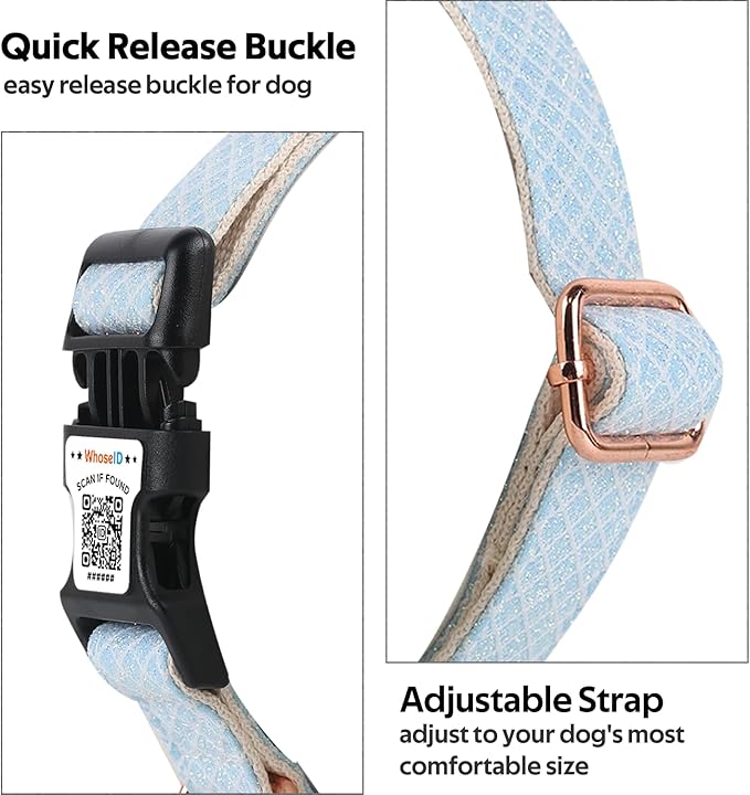 Dog Collar with Waterproof AirTag Holder &amp; Anti-Lost QR Code, Cute Bling Warpping Adjustable Width for Small Medium Large Pet (Light Blue, S)