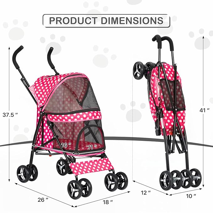 MoNiBloom 4 Wheels Pet Stroller, Easy-Fold Umbrella Shaped Dog Cat Jogger Stroller w/Storage Bag &amp; Visible Mesh for Small/Medium Dogs Cats Hot Pink Polka Dots