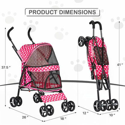 MoNiBloom 4 Wheels Pet Stroller, Easy-Fold Umbrella Shaped Dog Cat Jogger Stroller w/Storage Bag &amp; Visible Mesh for Small/Medium Dogs Cats Hot Pink Polka Dots