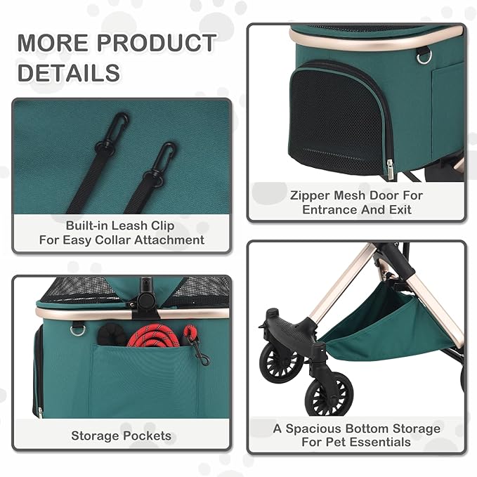 MoNiBloom 3 in 1 Pet Stroller with Adjustable Handle, Jogging Stroller w/Detachable Carrier &amp; Lightweight Aluminum Frame for Dogs Cats, Hunter Green