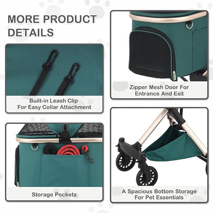 MoNiBloom 3 in 1 Pet Stroller with Adjustable Handle, Jogging Stroller w/Detachable Carrier &amp; Lightweight Aluminum Frame for Dogs Cats, Hunter Green