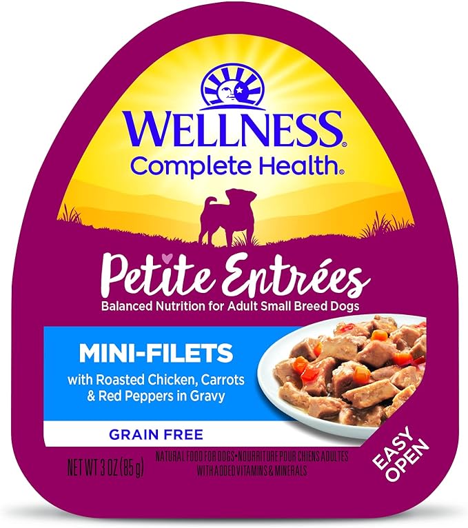 Wellness Petite Entrees Mini Fillets Grain Free Natural Wet Small Breed Dog Food, Roasted Chicken, Carrots &amp; Red Peppers, 3-Ounce Cup (Pack of 24)