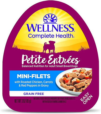 Wellness Petite Entrees Mini Fillets Grain Free Natural Wet Small Breed Dog Food, Roasted Chicken, Carrots &amp; Red Peppers, 3-Ounce Cup (Pack of 24)
