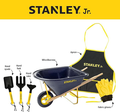 Stanley Jr. Kids Wheelbarrow Set – 6-Piece Durable Toddler Wheelbarrow &amp; Garden Tools – Child Outdoor Toy for Ages 3+ – Fun, Educational Backyard Play with Apron, Gloves &amp; Tools