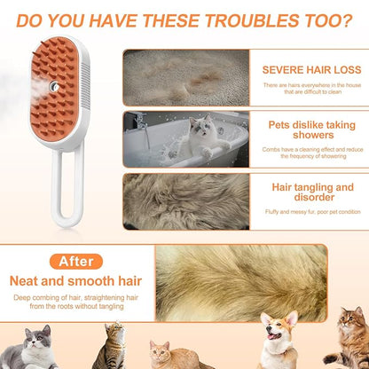 Steam Brush for Cat &amp; Dog – 3-in-1 Spritz Pet Spray Hair Removal Comb for Grooming &amp; Shedding Steam – Water Brush for Long &amp; Short Haired Pets– Includes Two Bottles Waterless Shampoo