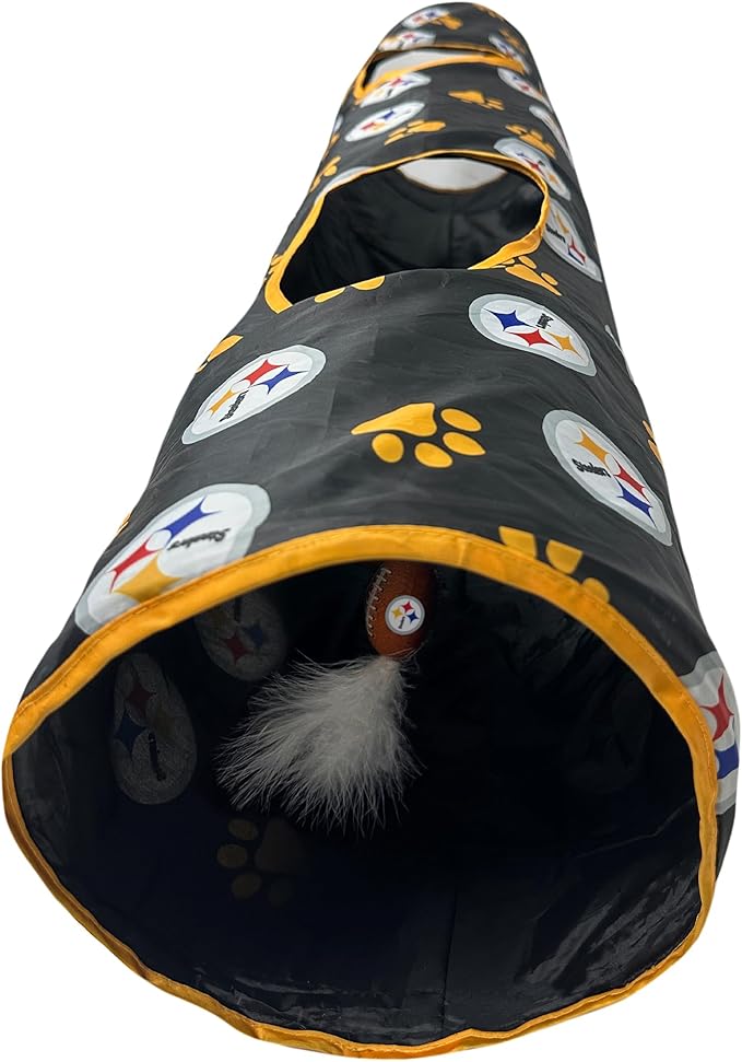 NFL Pittsburgh Steelers Cat Tunnel Tube Toy with Plush Football Catnip and Feathers Collapsible Tunnel for Cats to Play, Peek and Hide, Sporty &amp; Fun Cat Tunnel Toy with Team Logo All-Over Design!