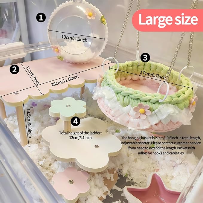 4-Pack Wooden Rat Cage Accessories - Platforms, Ladders &amp; Hammocks Set for Chinchillas, Hamsters, Gerbils (for Iron/Wooden, Acrylic Hamster Cages + Customizable Layout) (11x6.7x5.5)