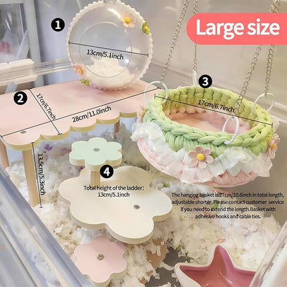 4-Pack Wooden Rat Cage Accessories - Platforms, Ladders &amp; Hammocks Set for Chinchillas, Hamsters, Gerbils (for Iron/Wooden, Acrylic Hamster Cages + Customizable Layout) (11x6.7x5.5)