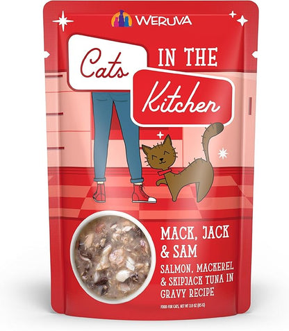 Weruva Cats in The Kitchen Mack, Jack &amp; Sam with Mackerel, Skipjack &amp; Salmon in Gravy Cat Food, 3oz Pouch (Pack of 12)