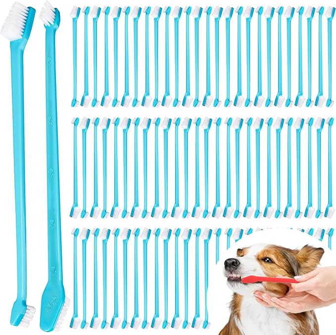 Brand Name 100pcs Double Headed Soft Bristle Toothbrush Brush Kit - Long Handle for Dogs, Cats &amp; Pets - Blue