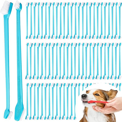 Brand Name 100pcs Double Headed Soft Bristle Toothbrush Brush Kit - Long Handle for Dogs, Cats &amp; Pets - Blue
