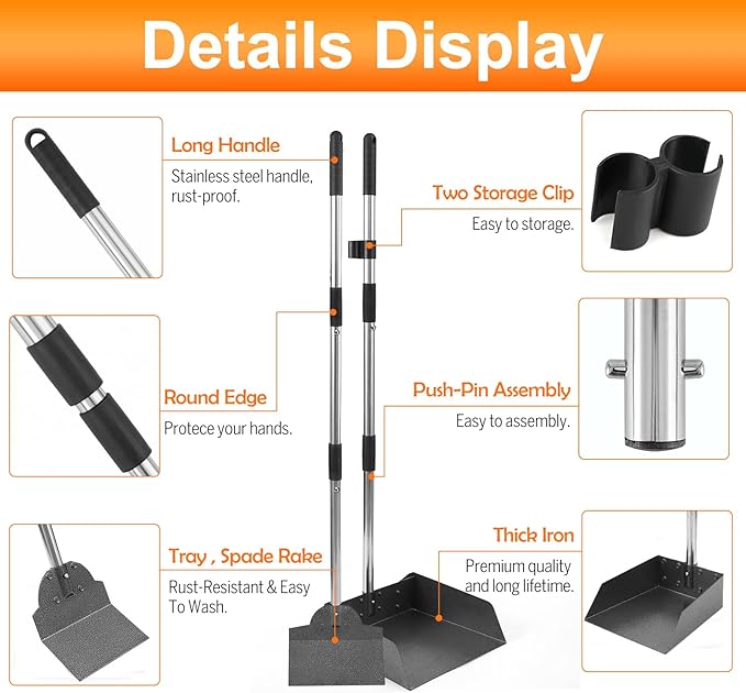 Pooper Scooper, Metal Aluminum Tray and Spade Poop Scoop Set with Adjustable Stainless Steel Long Handle, Pet Waste Removal Heavy Duty Poop Scooper (Small Tray&amp;Spade)