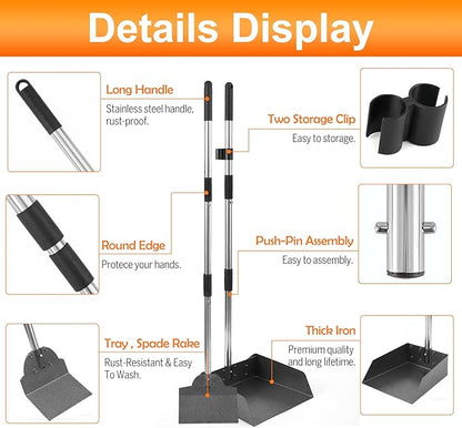 Pooper Scooper, Metal Aluminum Tray and Spade Poop Scoop Set with Adjustable Stainless Steel Long Handle, Pet Waste Removal Heavy Duty Poop Scooper (Small Tray&amp;Spade)