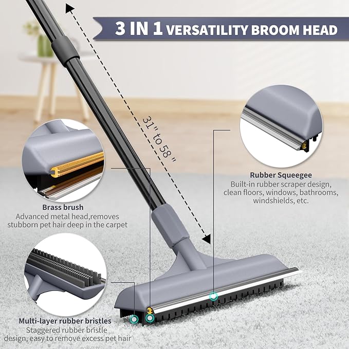 3 in 1 Carpet rake Kit for Pet Hair Removal Tool - Reusable Pet Hair Remover Broom w 58" Adjustable Long Handle, Dog &amp; Cat Carpet Scraper, Pet Hair Remover for Rugs, Mats, Couch, Curtains(Gray)