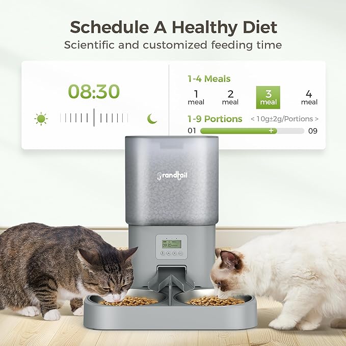 Automatic Cat Feeder for Pets, Programmable Meal Dispenser, for Timed Meals for Up to Cats &amp; Dogs Including Dual Power Supply, and Capacity for 4 Meals Daily