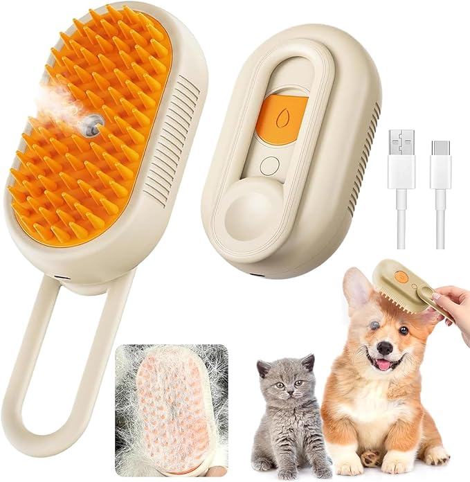 Cat Steam Brush for Shedding, 2025 New 4 in 1 Rechargeable Steam Pet Brushes for Cats &amp; Dogs, Indoor Anti-static Pets Brush for Massage, Cleaning, Shedding &amp; Combing Hair (Beige)