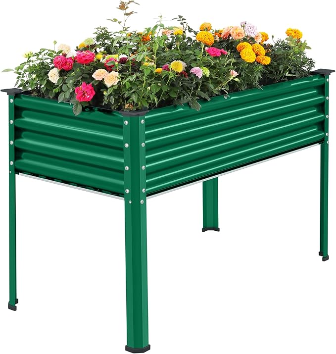 Land Guard Galvanized Oval Large Metal Raised Garden Bed with Legs for Vegetables (Green)