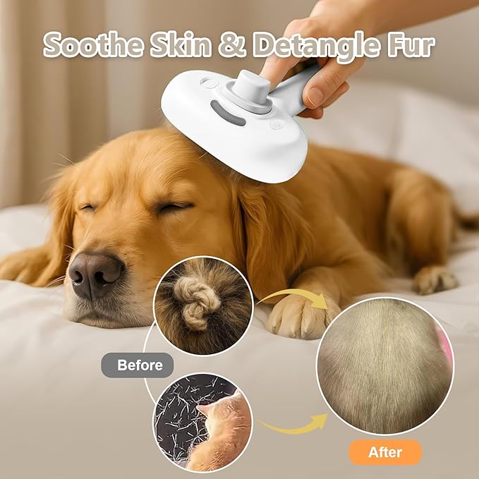 ‌3-in-1 Pet Steam Brush with Self-Cleaning &amp; Cool Mist‌ – Portable Grooming Tool for Cats &amp; Dogs, Long-Lasting Shedding Control &amp; Detangling, Refillable Water Tank &amp; Fast Charging