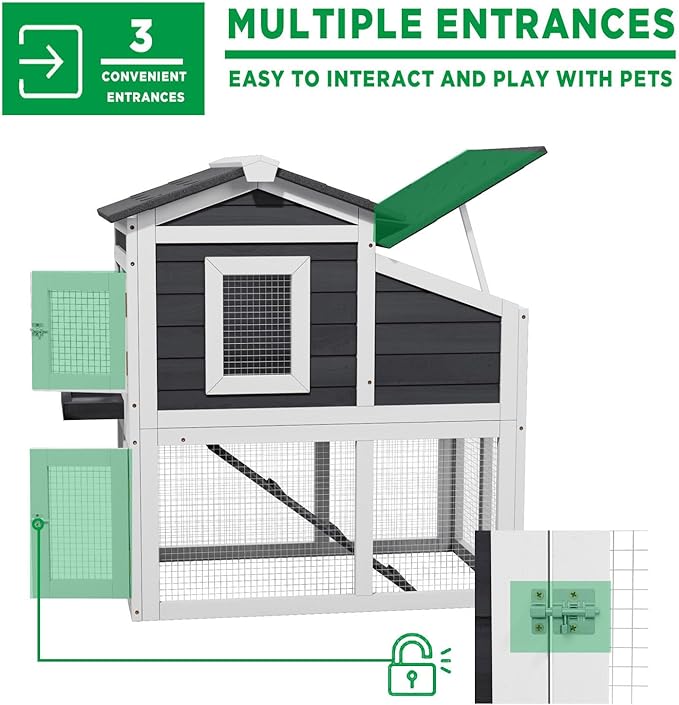 2 Story Rabbit Cage, Weatherproof Rabbit Hutch Indoor &amp; Outdoor, Wooden Guinea Pig Cages with Removable Tray Openable Roof for Small to Medium Animals