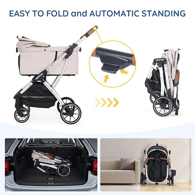 T5 Luxury Pet Stroller for Medium Dog Under 60lbs or 2 Small Dogs &amp; Cats with 180 ̊Canopy, Sun Shades, Auto-Folding Stroller for Multiple Pets（Beige）