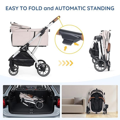 T5 Luxury Pet Stroller for Medium Dog Under 60lbs or 2 Small Dogs &amp; Cats with 180 ̊Canopy, Sun Shades, Auto-Folding Stroller for Multiple Pets（Beige）