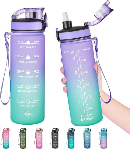 Enerbone Water Bottle, Leakproof BPA &amp; Toxic Free, Motivational Water Bottle with Times to Drink and Straw, Fitness Sports Water Bottle with Strap for Office, Gym, Outdoor Sports