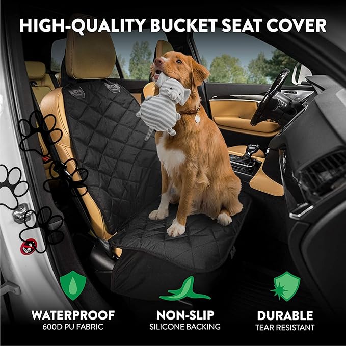 Plush Paws Products Premium Bucket Car Seat Protector | Diamond Stitching | Washable &amp; Waterproof Front Seat Dog Cover Car, Truck, &amp; SUV | Nonslip, Tear Resistant Pet Passenger Seat Cover | Black
