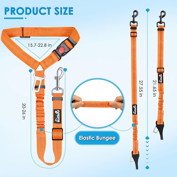 Lukovee Dog Seatbelt Leash for Cars, 2 Pack Pet Safety Car Seat Belt with Adjustable Buckle &amp; Reflective Bungee, Connect Dog Harness in Vehicle Car Dogs Restraint Travel Daily Use (Orange)