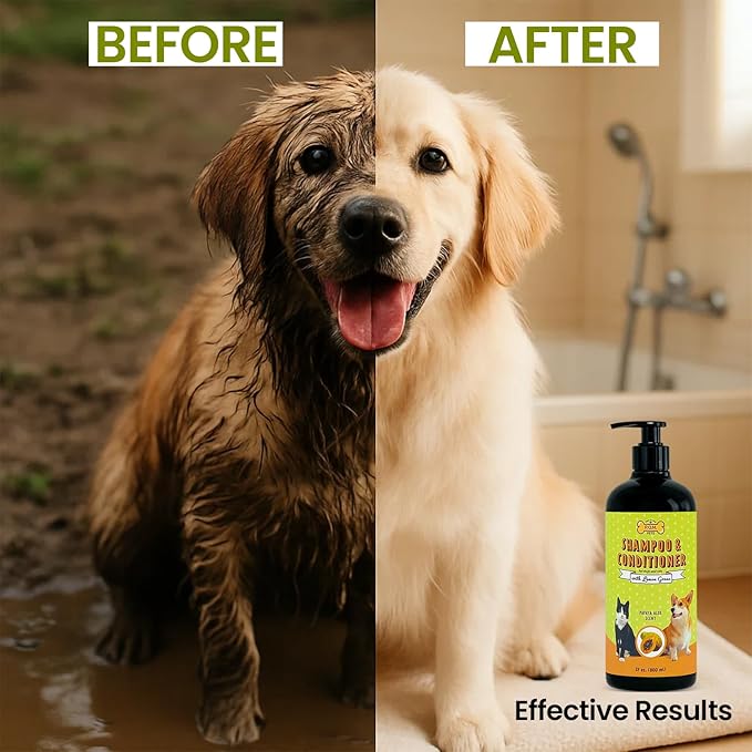 POM Pets 2-in-1 Organic Dog Shampoo &amp; Conditioner – Itchy Skin Relief, Dog Deshedding, Detangles Fur, Cat Shampoo, Paw Cleaner for Dogs, Natural Coat Defense Formula