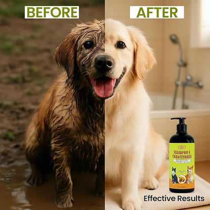 POM Pets 2-in-1 Organic Dog Shampoo &amp; Conditioner – Itchy Skin Relief, Dog Deshedding, Detangles Fur, Cat Shampoo, Paw Cleaner for Dogs, Natural Coat Defense Formula