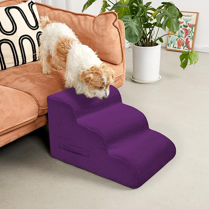 Dog Steps for Small Dogs, 3-Step Dog Ramp and Stairs for High Beds and Sofa, Non-Slip Pet Stairs Removable and Easy to Clean Cover, Purple