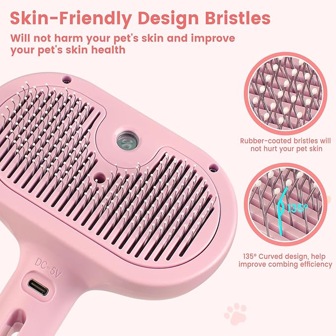 Steam Brush for Shedding Pets - Self-Cleaning Grooming Comb with Water Tank for Long &amp; Short Haired Cats and Dogs (Pink)
