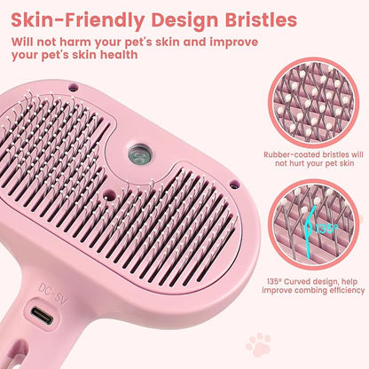 Steam Brush for Shedding Pets - Self-Cleaning Grooming Comb with Water Tank for Long &amp; Short Haired Cats and Dogs (Pink)