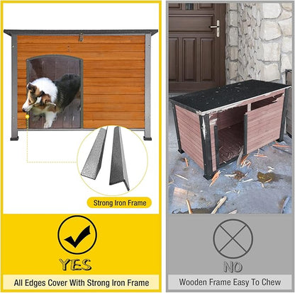 Aivituvin Dog House Outdoor &amp; Indoor Wooden Dog Kennel for Winter with Raised Feet Weatherproof for Small &amp; Medium &amp; Large Dogs,Unique All-Around Iron Frame…