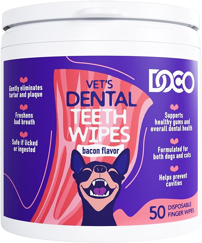 DOCO Dog Teeth Cleaning Wipes Dental Finger Wipes for Cats &amp; Dogs Remove Plaque &amp; Tartar, Freshen Breath, No Rinse, Easy &amp; Effective Pet Tooth Cleaning Kit for Oral Care, Bacon Flavor, 50 Count