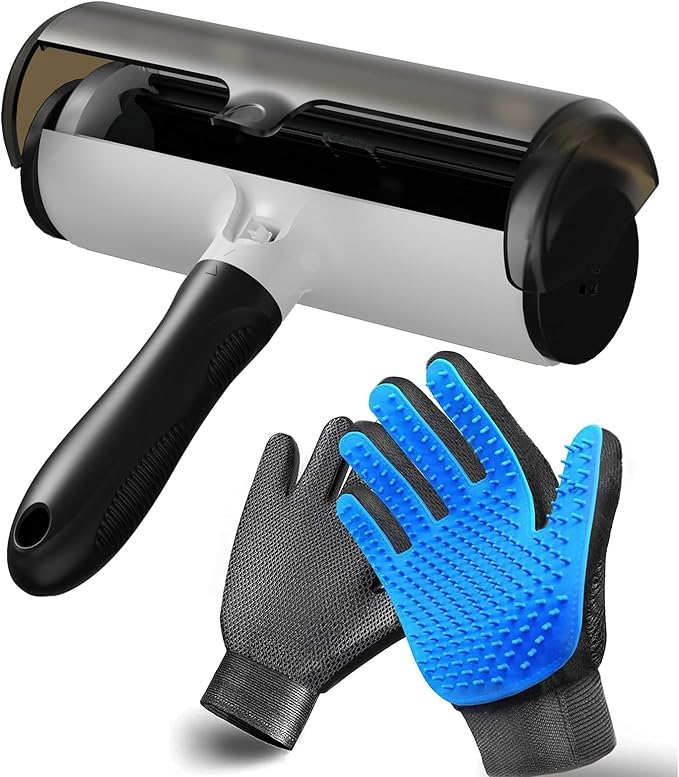 Pet Hair Remover &amp; Pet Grooming Gloves Set - Deshedding Brush for Cats/Dogs, Reusable Lint Roller Brush for Cats,Dogs - Furniture, Car, Couch, Clothes and Bedding