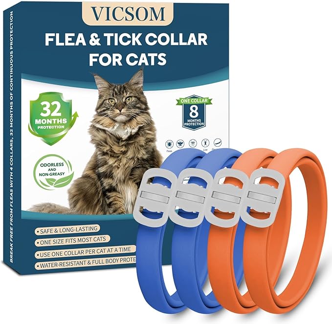 4 Pack Flea and Tick Collar for Cats, 32 Months Flea and Tick Treatment, Flea and Tick Prevention, Waterproof, Adjustable Flea and Tick Collar for Kittens, Blue &amp; Orange
