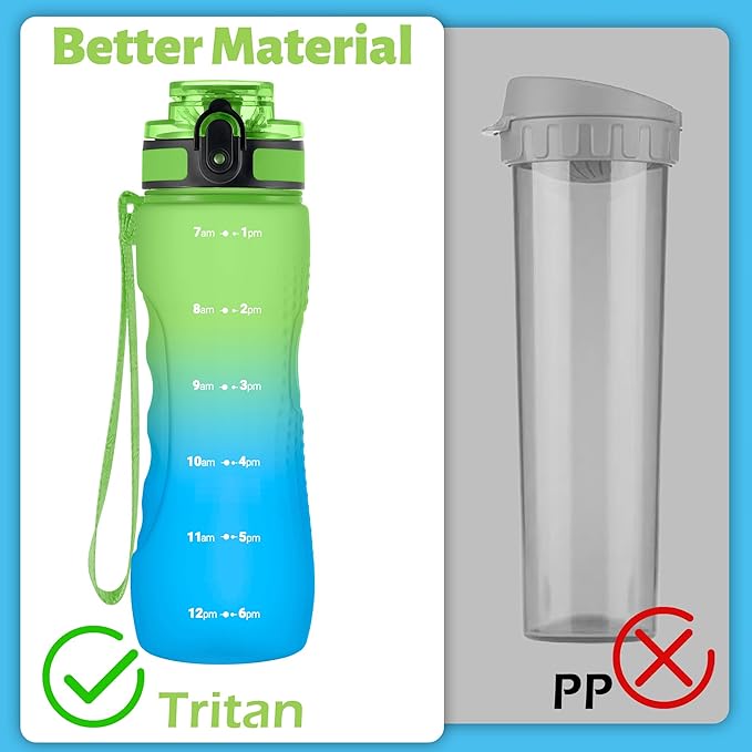 OLDLEY 25 oz Water Bottle, Motivational Water Bottle with Time Marker, Sports Water Bottle With Strap, Leakproof &amp; BPA Free Large Water Bottles for School, Gym, Travel, Outdoor, Tritan,Green&amp;Blue