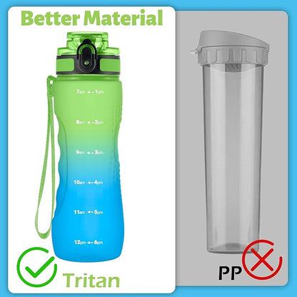 OLDLEY 25 oz Water Bottle, Motivational Water Bottle with Time Marker, Sports Water Bottle With Strap, Leakproof &amp; BPA Free Large Water Bottles for School, Gym, Travel, Outdoor, Tritan,Green&amp;Blue