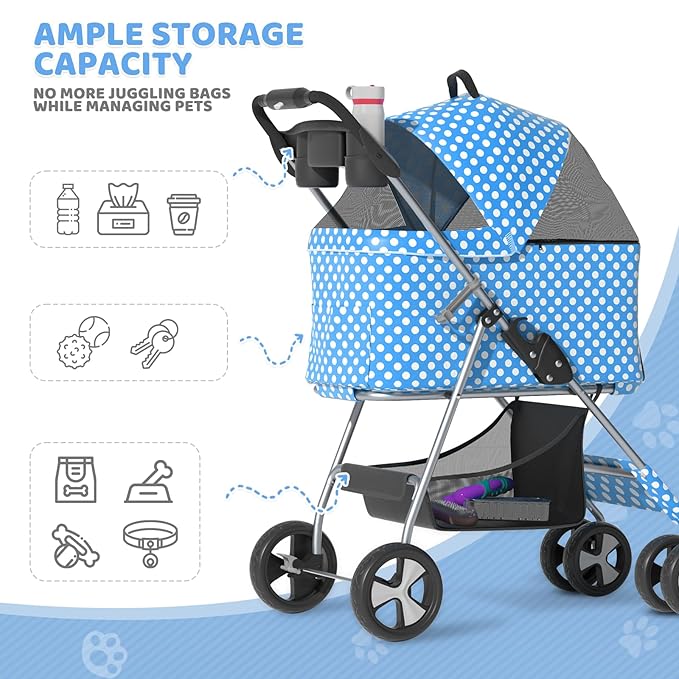 Magshion Foldable Pet Stroller, 3-in-1 Dog Travel Jogger with Detachable Carrier, Cup Holder, Storage Basket, Folding Carrier for Small/Medium Dogs &amp; Cats Up to 33 lbs, Sky Blue Polka Dots