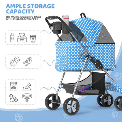 Magshion Foldable Pet Stroller, 3-in-1 Dog Travel Jogger with Detachable Carrier, Cup Holder, Storage Basket, Folding Carrier for Small/Medium Dogs &amp; Cats Up to 33 lbs, Sky Blue Polka Dots