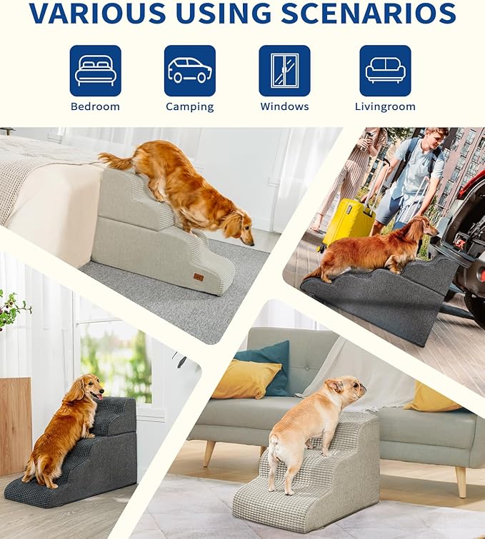 Dog Step for Bed, Dog Stair 4-Step 35D Pet Stair 19.7" H for High Bed or Sofa Non-Slip Balanced Pet Step Indoor, Grey