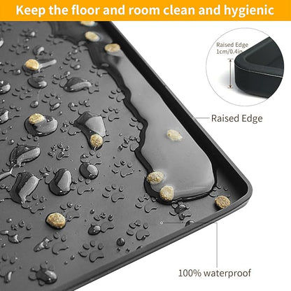 Ptlom Pet Placemat for Dog and Cat, Waterproof Non-Slip Silicone Feeding Bowl Mat Prevent Food and Water Overflow, Puppy Dish Feeder Fountain Trays Suitable for Medium and Small Pets, Black
