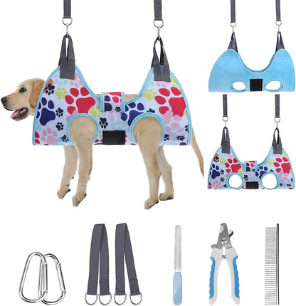 PAWCHIE Dog Grooming Hammock Harness for Dogs &amp; Cats with Pet Nail Clipper Trimmer - Cat Hanger Sling for Trimming Clipping Nails- Dog Hammock Restraint Bag for Small Medium Large Dog, Blue M