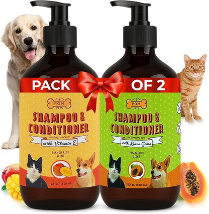 POM Pets 2 Pack 2-in-1 Organic Dog Shampoo &amp; Conditioner – Itchy Skin Relief, Dog Deshedding, Detangles Fur, Cat Shampoo, Paw Cleaner for Dogs, Natural Coat Defense Formula